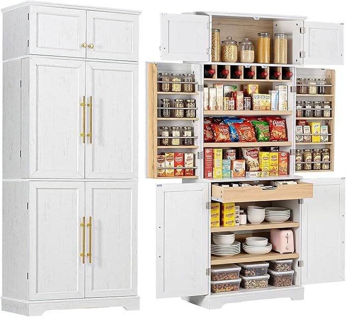 Merax 78.2" Tall Kitchen Pantry Storage Cabinet, Farmhouse Freestanding Large Cupboard with Hidden Drawer, Cabinet, 4 Adjustable Shelves, 8 Door-Shelf & 7 Wine Rack for Dining Room, White
