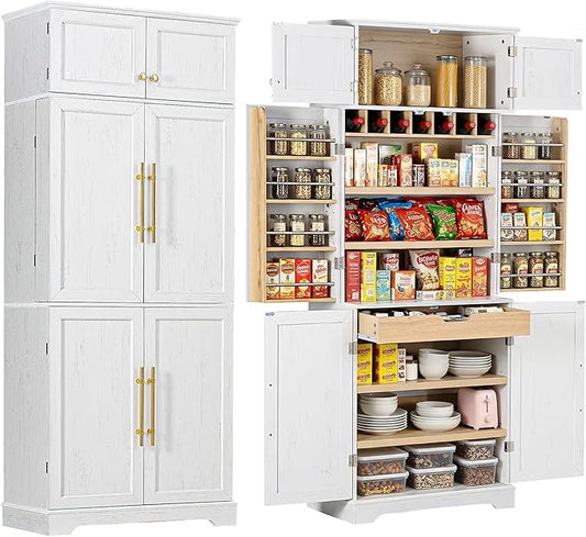 Merax 78.2" Tall Kitchen Pantry Storage Cabinet, Farmhouse Freestanding Large Cupboard with Hidden Drawer, Cabinet, 4 Adjustable Shelves, 8 Door-Shelf & 7 Wine Rack for Dining Room, White