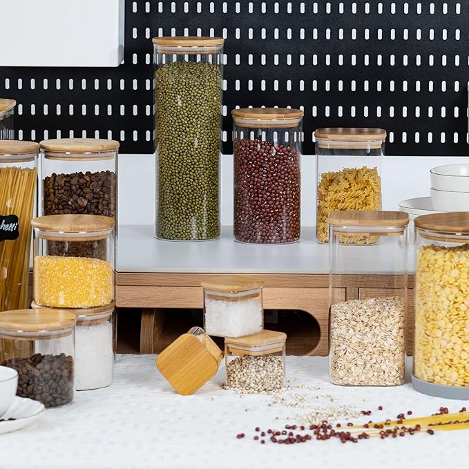 5oz Airtight Square Spice Containers with Bamboo Lid Set of 12 with Black Lables Storage Stackable Spice Jar, Kitchen Canister for Sugar, Tea, Flour, Salt and Seasonings (?랢lear Glass)
