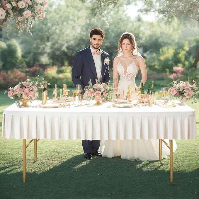 Wish Care 2 Pack Ivory Spandex Tablecloth for 8 Foot Rectangle Tables Wrinkle Free Ruffle Table Cloth Stretch Fitted Table Cover Skirt for Wedding Birthday Parties Banquet Dining Outdoor Tablecloth