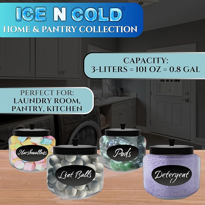 Kitchen and Laundry Storage Glass Jar ??Wide Mouth Round Glass Storage Container with Black Steel Lid and Chalkboard Label - 2 Sticks of Chalk Included (1, 3L | 101oz | 0.8 Gallon)