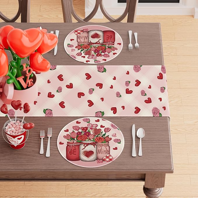 XCHI Roses Flowers Love Hearts Vase Valentine?셲 Day Round Placemats Set of 4 Table Mats for Party Home Kitchen Dining Table Decorations 14x14 Inch