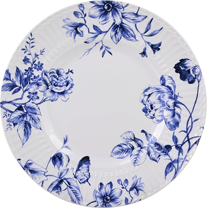 222 Fifth 12-Piece Porcelain Dinnerware Set for 4, White & Blue Plates and Bowls Set, Glossy Ceramic Dish Set with Embossed Toile Pattern, Elegant Kitchen Dishes, Microwave & Dishwasher Safe, Cassian
