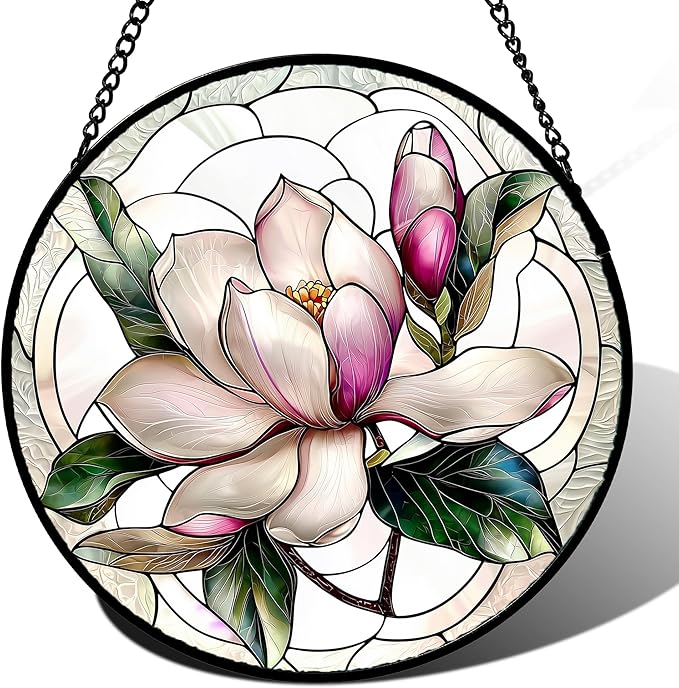 Stained Glass Window Hanging - Pink Magnolia Flower Petal Suncatcher for Doors Window Home Sun Catchers Decor Christmas Mother's Day Birthday Gifts for Teacher Women Men Mom Nana 14.9 in