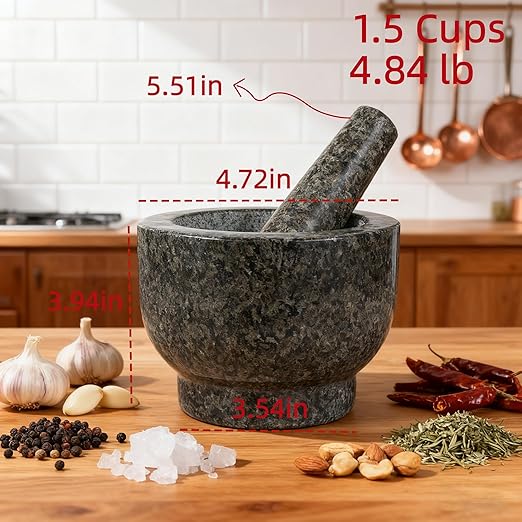 Heavy-Duty Mortar and Pestle Set, 1.5-Cup Granite Material, with Non-Slip Base, 4.72-inch Mexican Grinder, for Grinding Spices and Seeds, Seasoning and Spice Tool (Dark Gray Speckles, 1.5Cup)