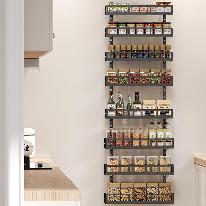 X-cosrack 8-Tier Adjustable Spice Rack ??Wall-Mounted Space-Saving Organizer with Mixed Baskets, Large-Capacity Seasoning Holder for Kitchen & Pantry (Black)