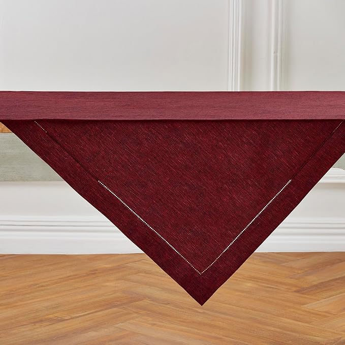 Solino Home Linen Square Tablecloth 52 x 52 Inch - 100% Pure Linen Red Garnet Table Throw - Milan Hemstitch, Machine Washable Table Cloth for Valentines, Winter