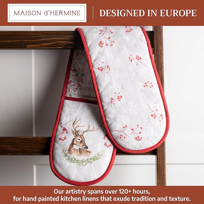 Maison d' Hermine Double Oven Mitt (7" x 35") 100% Cotton Heat Resistant BBQ Cooking Gloves with Loop for Thanksgiving Christmas Decorations Baking Cooking Barbeque Handling Hot Pan (Mountain Life)