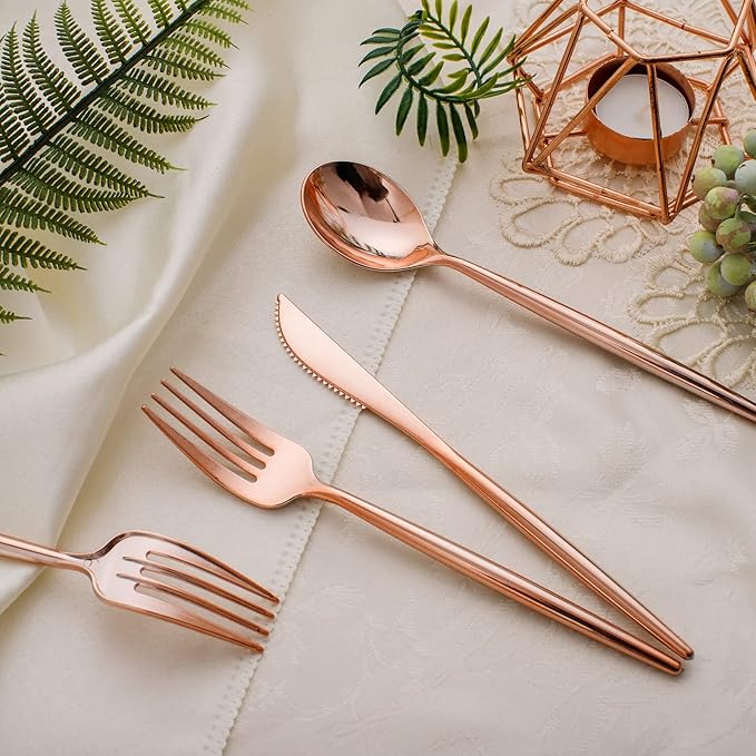 SUT 150Pcs Rose Gold Plastic Silverware, Disposable Cutlery Set, Heavy Duty Plastic Flatware Set竊똃isposable Rose Gold Utensils Include 50 Forks,50 Spoons, 50 Knives Perfect for Party