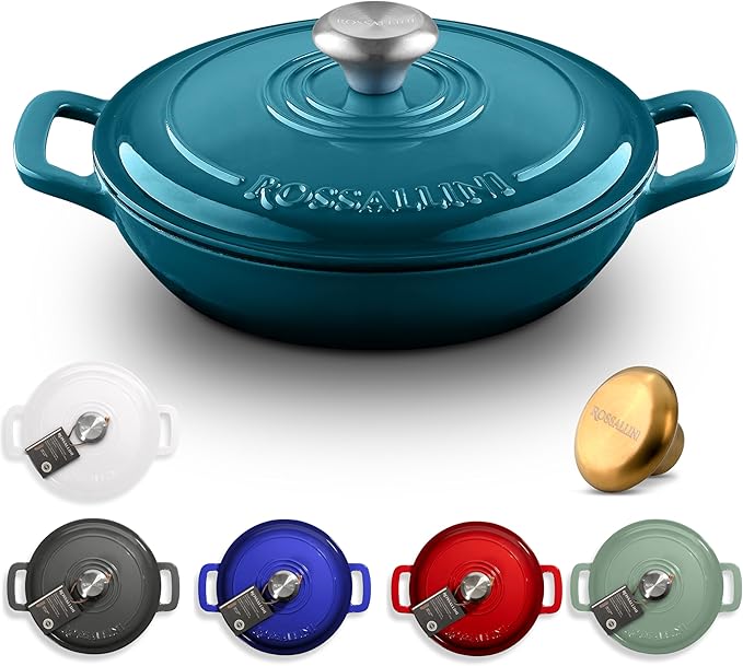 Signature Enameled Cast Iron Braiser, Non-Stick Serving Pot with Tight Fitting Lid for Perfect Roasting, Baking, Sauteing, Searing, and Pan Frying | 5Q (4.7L) - Ocean Blue