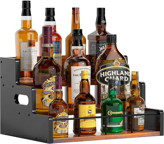 Liquor Bottle Display Shelf,Wood Syrup Organizer Rack,3 Step Countertop Organizer Wine Rack,Rustic Coffee Station Accessories for Syrup (Brown)