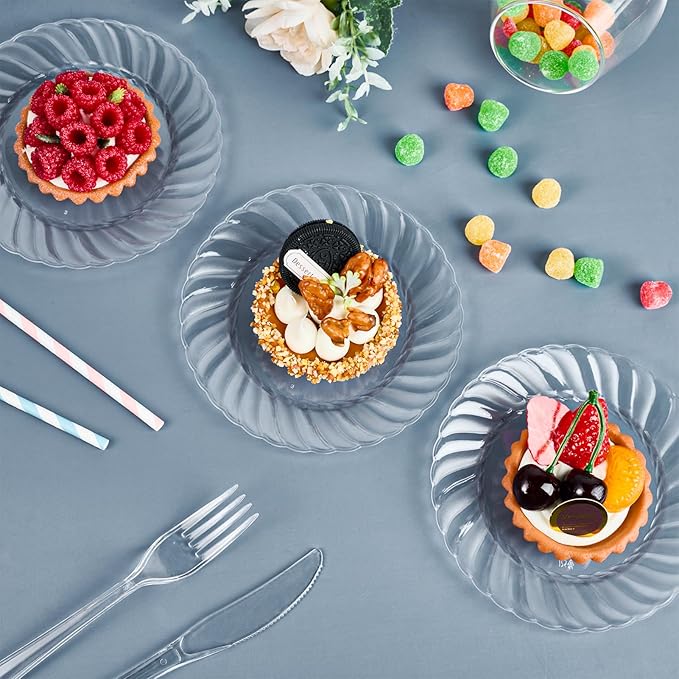 FOCUSLINE 100 Count 6 Inch Clear Plastic Plates, Disposable Heavy Duty Salad Dessert Plates- Premium Hard Plastic Plate Fancy Disposable Clear Plate for Weddings, Parties and Events