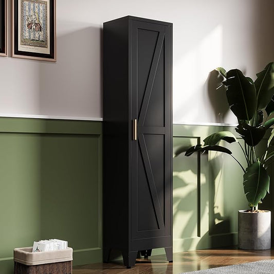 67?쏦 Metal Narrow Kitchen Pantry Cabinet,Black Skinny Pantry Cabinet,Tall Narrow Bathroom Storage Cabinet with Adjustable Shelves,Slim and Thin Pantry Cabinets for Living Room Dining Room
