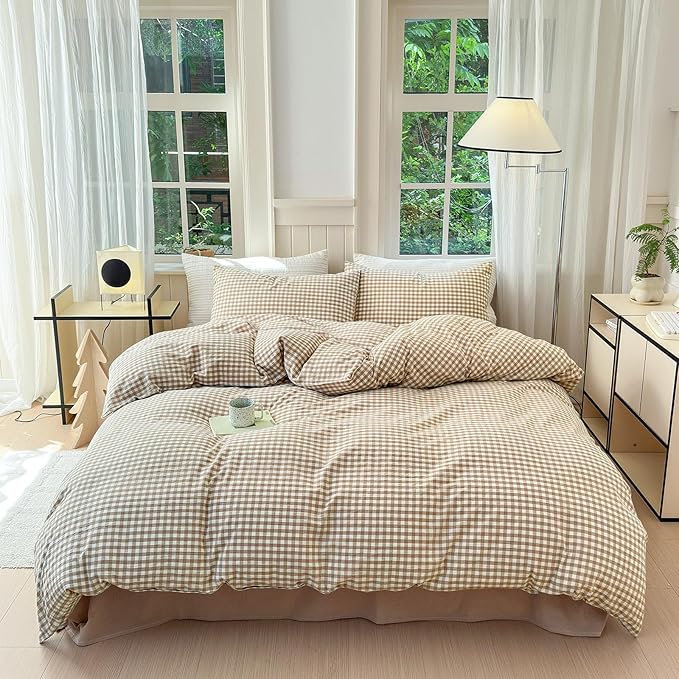 LifeTB Tan Gingham Comforter Set California King 3 Pieces Modern Plaid Comforter Set Beige Grid Comforter with 2 Pillowcases Soft Fluffy Checkered Grid Pattern Gingham Bedding Set for All Seasons