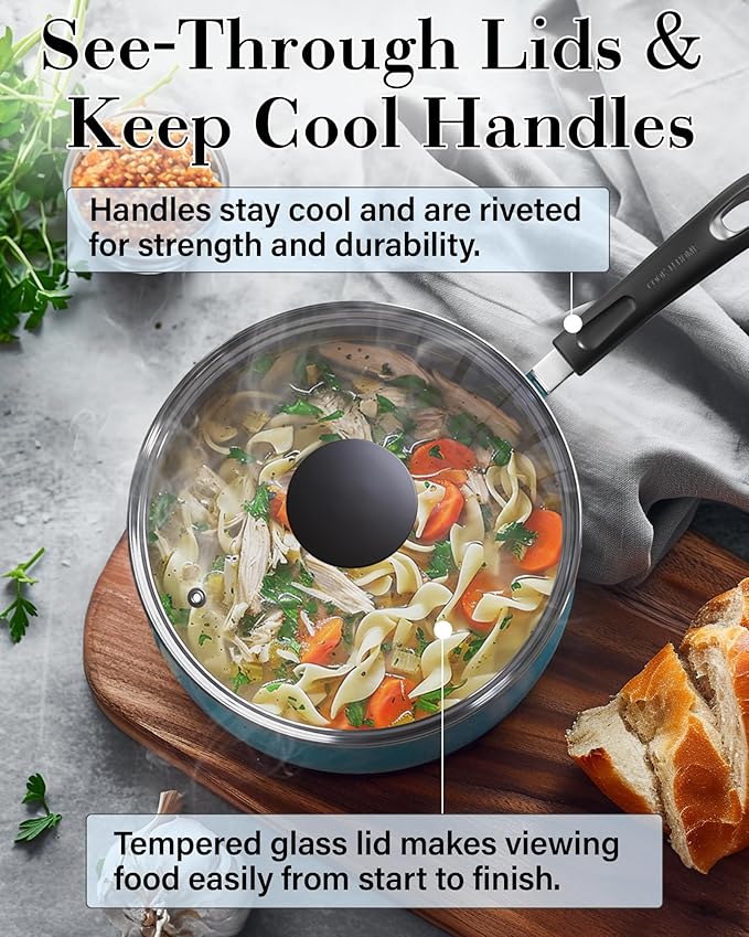 Cook N Home Pots and Pans Nonstick Cookware Set 10-Piece, Belly Shape Kitchen Cooking Set with Frying Pans and Saucepans, Induction Compatible, Turquoise