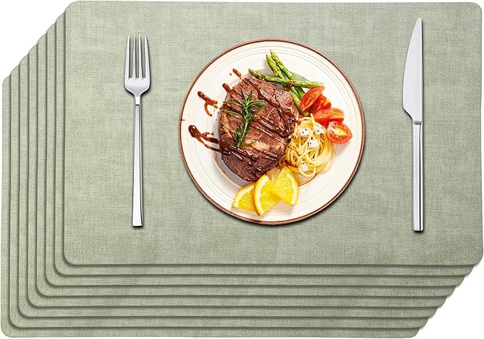 Maxpearl Faux Leather Placemats Set of 8 ??Waterproof, Wipe Clean, Heat Resistant, Non-Slip Dining Table Mats for Indoor & Outdoor Use, 17?씳?2?? Sage Green