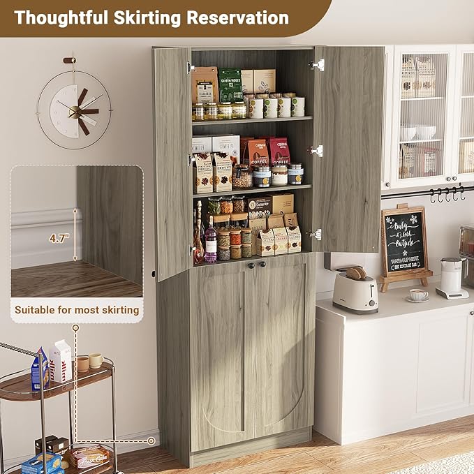 Cyclysio 80" Kitchen Pantry, Extra Tall Arch Storage Cabinet with 4 Doors and Adjustable Shelves, Freestanding Wood Cupboard with Seamless Fit Wall for Dining Living Room Bathroom Furniture (Ash Grey)