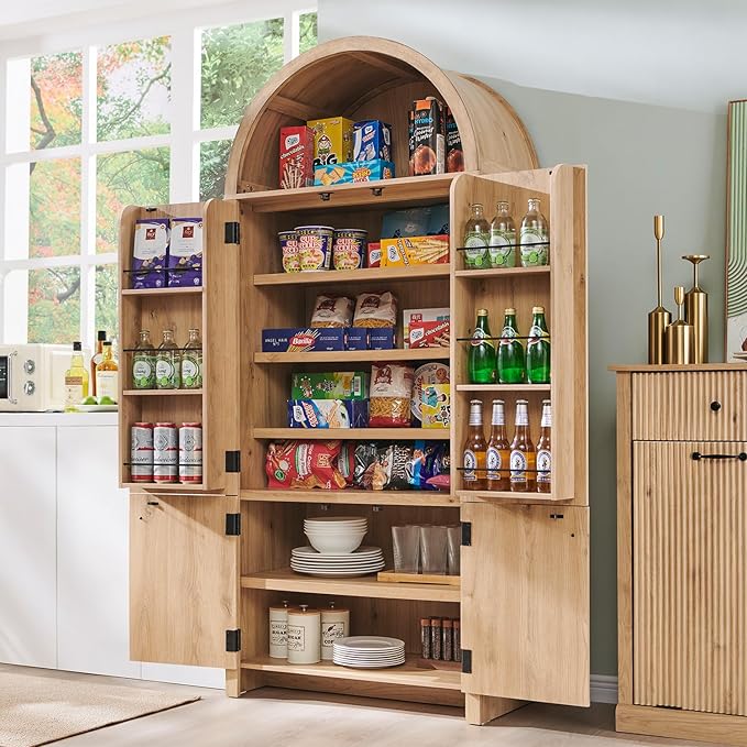 71" Tall Arched Kitchen Pantry, Modern Fluted Wood Storage Cabinet with Doors, 3 Adjustable Shelves, 6 Door Shelves, Organizer, Versatile Cupboard for Kitchen, Bathroom, Natural