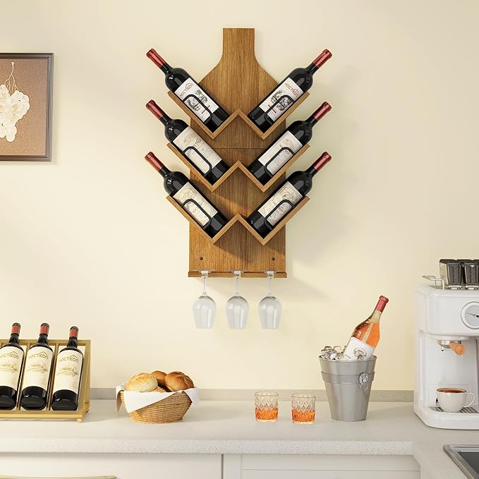 Hoctieon Wine Rack Wall Mounted, 6 Bottles Wood Wine Rack for Display and Storage, Hanging Bottle Holder Bar Shelves for Living Room, Kitchen, Dining Room, Wine Cellar, Warm Brown