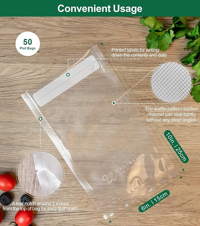Pint Vacuum Sealer Bags for Food, 50 6x10 Inch, Preprinted Label, BPA-free Heavy Duty Small Food Saver Bags, Ideal for Sous Vide Bags, Freezer, Seal a Meal