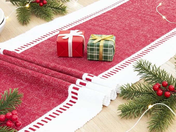 PurpleEssences Table Runner - Wide with Dobby Stripe, Heavy Ribbed Weave & Double Knot Fringes, 14x90 Inch (14x95.5 with Fringes) Boho Farmhouse Decor - Christmas Holiday Winter - Red and White