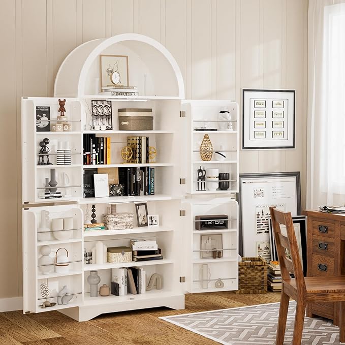 Arched Kitchen Pantry Cabinet with Adjustable Shelves, Modern Farmhouse Storage Cupboard, White Freestanding Wood Cabinet with LED Lights, 70.86 x 29.9 x 15.74 Inches.