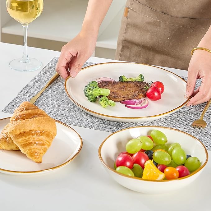 Bestone 12 Pieces Round Kitchen Dinnerware Sets竊똏lates and Bowls Sets,Dishes, Plates, Bowls, Dish Set, Chip Resistant Ceramic Dinnerware Set, Dishwasher/Microwave Safe,Service for 4,Pearl White