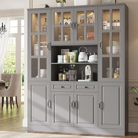 MEISSALIVVE 78.7" Tall Pantry Cabinet with LED Lights, Freestanding Kitchen Pantry with Glass Doors, Large Food Storage Cabinet, Gery (63" W x 15.7" D)
