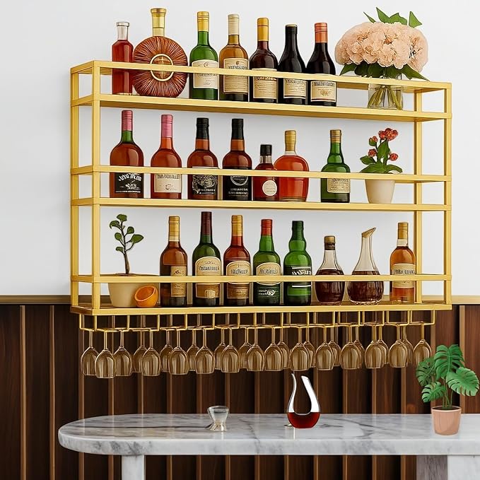 79 Inch Metal Wine Rack Wall Mounted, Bar Shelves Wall Mounted with LED Light, Large 3-Tier Liquor Bar Display Shelf with Wine Glasses for Home Bars, Dining Room & Kitchen, Gold