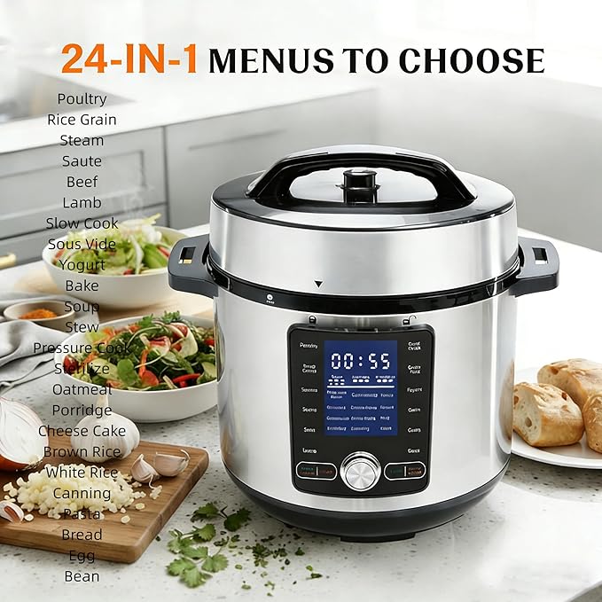 Simple Deluxe Electric Pressure Cooker 8.5 Quart, 24-in-1 Stainless Steel & Non-Stick Multi Cooker for Slow Cooking, Yogurt, Steam, Rice, Poultry, Beef, Bake, Porridge, Dishwasher Safe, Silver