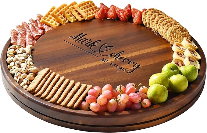 Shanik Acacia Wood Rotating Cheese Board ??Round Lazy Susan Charcuterie Platter for Appetizers, Crackers, Meat, and Cheese Serving Tray