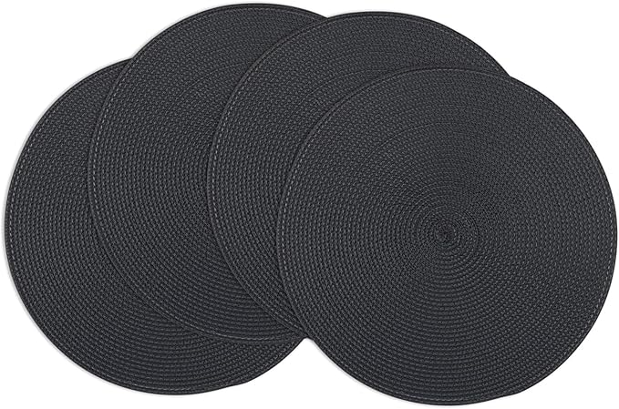 Winknowl Round Braided Placemats Set of 4 Washable Woven Heat Resistant Table Mats for Kitchen Dining Tables 15 inch Round Place Mats (Black,4pcs)