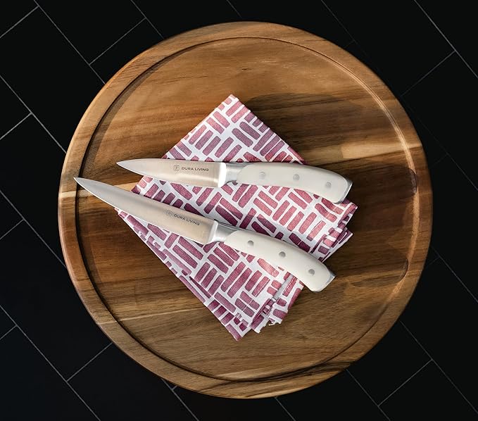 DURA LIVING 3-Piece Kitchen Knife Set ??Ultra-Sharp German Stainless Steel, 8??Chef, 5??Utility, and 3.5??Paring Knives with Ergonomic Handles, Multipurpose Kitchen Knife Set, Clear