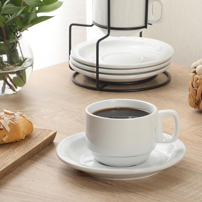 Gibson Home Gracious Dining 7-Ounce Cappuccino Cups Set of 4, Stackable Coffee Cups with 4 Saucers, Metal Stand, Coffee Mugs for Latte, Caf챕, Mocha, Tea