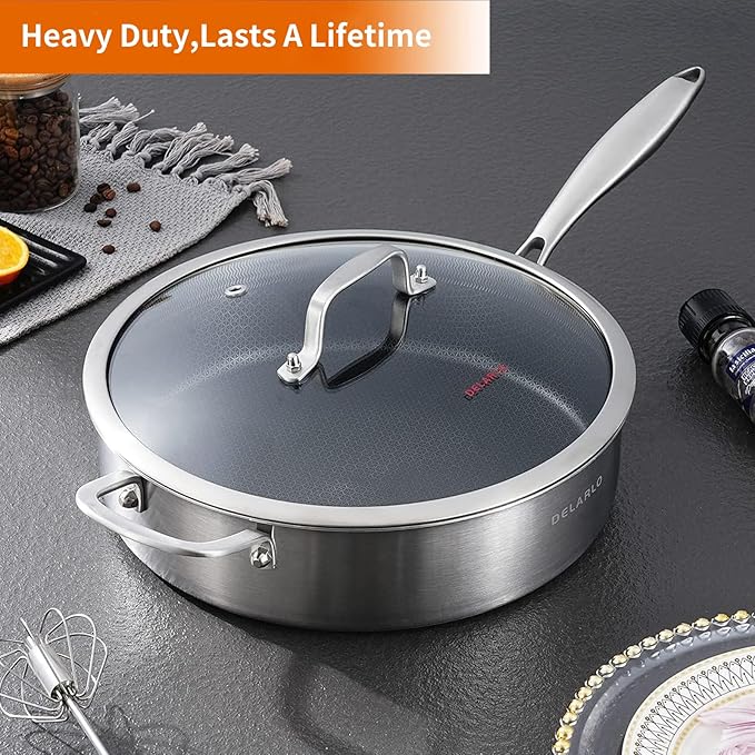 DELARLO Frying Pan,12 inch Tri-Ply Stainless Steel Skillet,6 Quart Saute Pan with lid, Compatible with All Cooktops,Oven Up to 660??Chicken Fryer,Dishwasher-Friendly