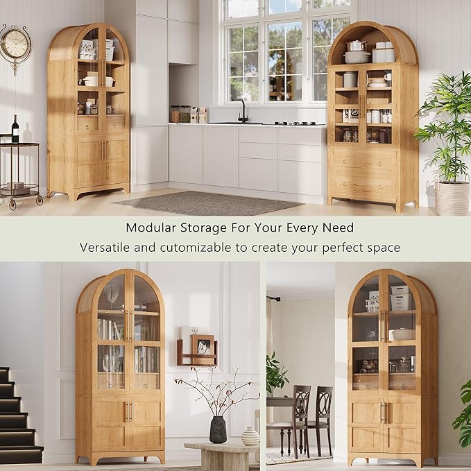 GDFStudio Mariah 71" Tall Arched Kitchen Pantry Cabinet with Hidden Drawer, Glass Door & Adjustable Shelves, Farmhouse Storage Cabinet Cupboard for Kitchen Dining Room, Home Pantry Storage, Natural