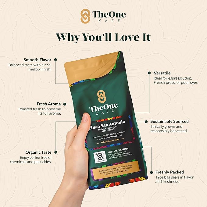 TheOne Kafé Guatemala Dark Roast Whole Bean Coffee ??Organic, Single Origin, Premium Specialty Coffee and Ethically Sourced ??Fresh Roasted for Espresso, Drip, Pour Over ??12 oz (Pack of 2)