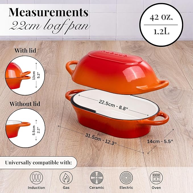 Dutch Oven For Sourdough Bread Baking ??Enamelled Cast Iron Bread Loaf Pot ??Oven Safe Non Stick Bread Pot ??Rectangular, Orange, 24cm x 16cm ??by Nuovva
