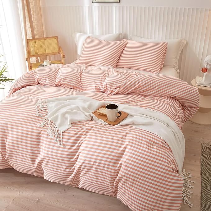 Full Comforter Set Pink White Stripes Pattern Comforter Full Modern Style Striped Comforter with 2 Pillowcases Lightweight 3 Pieces Boho Bedding Comforter Farmhouse Striped Fluffy Comforter Set