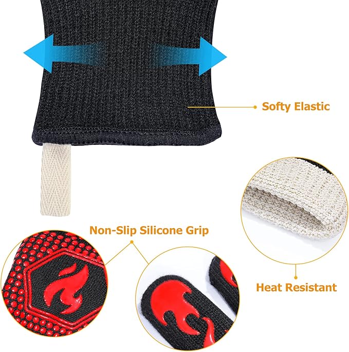 QUWIN BBQ Gloves, Oven Gloves 1472??Extreme Heat Resistant, Grilling Gloves Silicone Non-Slip Oven Mitts, Kitchen Gloves for BBQ, Grilling, Cooking, Baking-1 Pair??(One Size(Long Cuff), Red)