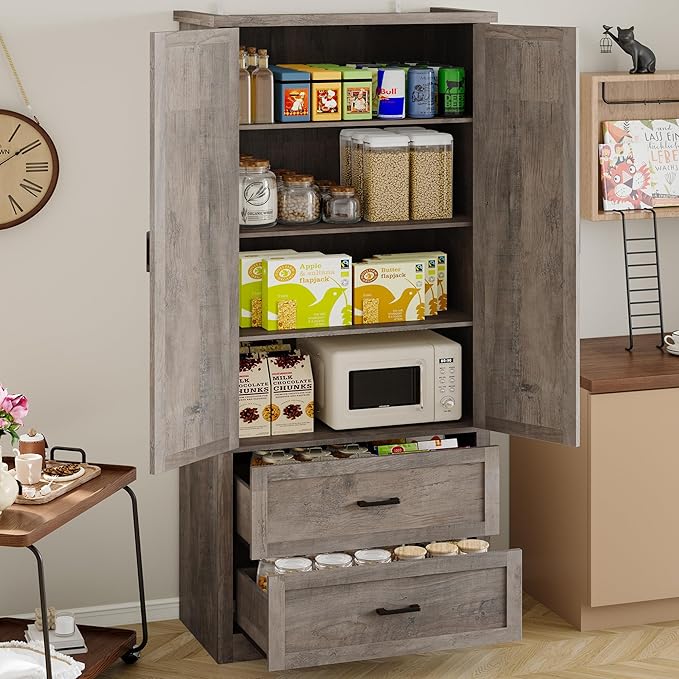 Pantry Organizers and Storage Cabinet, 71??Barn Door White Kitchen Cabinet with Drawers and Adjustable Shelf, Tall Pantry for Kitchen, Dining Room, Living Room. Bathroom and Office
