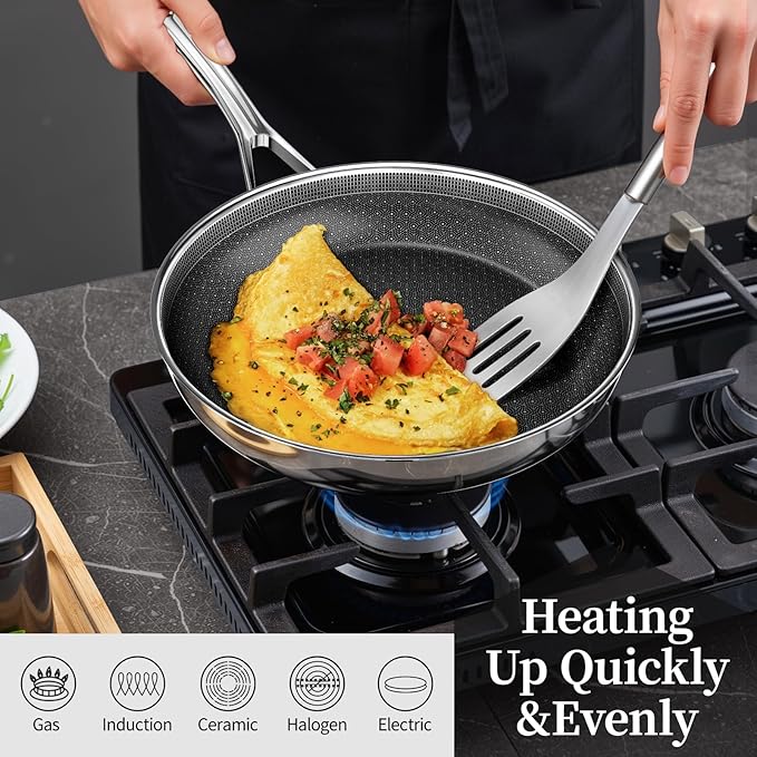 Non Stick Frying Pan 11 Inch,Stainless Steel Ceramic Skillet,Nonstick Cooking Pan,PFAS PFOA PTFE Free&Non Toxic,Induction Compatible-Gas&Electric Stovetops,Oven&Dishwasher Safe, Chef's Pan