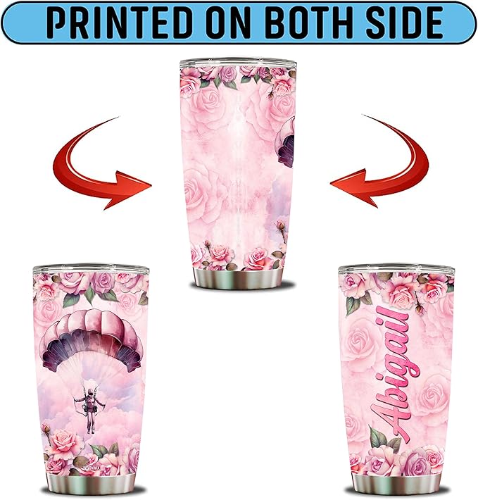 Personalized Skydiving Parachute Coffee Cup Mug Tumbler for Women, Girls, Wife, Daughter, Insulated Stainless Steel 20oz Gift for Christmas, Birthday, Mother's Day, Valentine