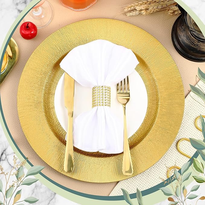 Tanlade 100 Pcs Charger Plates Bulk, 13 Inch Plastic Round Charger Dinner Plates Elegant Wedding Serving Plate for Event Tabletop Wedding Party Bridal Baby Shower Decor (Glitter Gold)