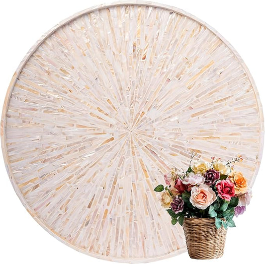 PEMAR 22" Round Mother of Pearl Extra Large Ottoman Tray with Raised Edge, Oversized Decorative Luxury Wooden Serving Tray for Food, Coffee Table, Breakfast in Bed (White Cream Sunlight)