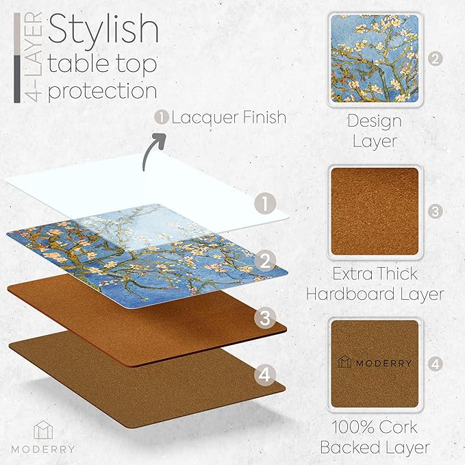 Moderry Set of 4 Heat Resistant Cork Placemats for Dining Table with Free Set of 4 Matching Drink Coasters Van Gough Blue Botanical Design 16 x 12 Inches Cork Backed Hard Placemats (Almond Blossoms)