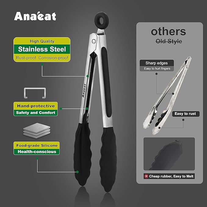 Anaeat Non-Stick Silicone Locking Tong Set of 3 - Stainless Steel 7", 9", 12" Kitchen Food Tongs with Non-Slip Silicone Tips and Grip for Cooking, Baking and BBQ - Heat Resistant up to 480째F (Black)