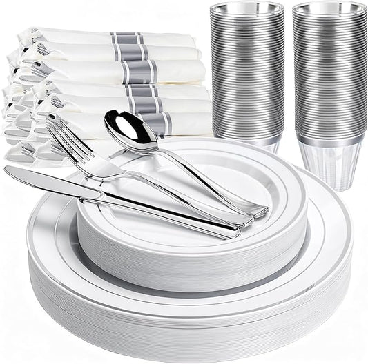 350 PCS White and Silver Plastic Dinnerware Set for 50 Guests, 100 Thanksgiving Disposable Plates for Party, 50 Pre Rolled Napkins with Silver Silverware, 50 Cups