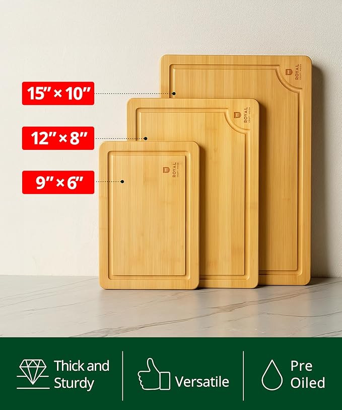 ROYAL CRAFT WOOD Bamboo Cutting Board Gift Set ??3-Piece Reversible Wooden Boards with Deep Juice Groove & Handles ??Premium Charcuterie & Butcher Blocks for Kitchen ??Holiday Gift-Ready Packaging