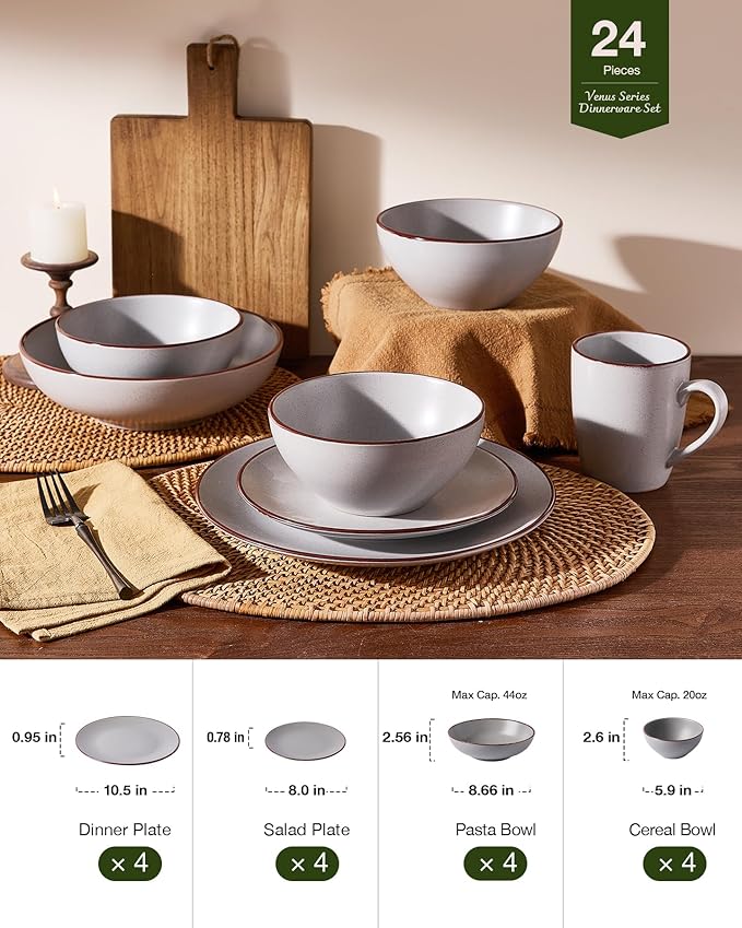 Famiware Venus Speckled Dinnerware Set with Pasta Bowls, Service for 6 (24 Pieces), Stoneware Plates and Double Bowls Sets, Microwave & Dishwasher-Safe Dishes with Trim, Matte Light Grey